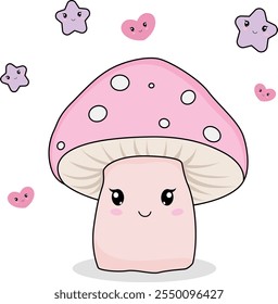 A cute mushroom with a pink hat, hearts and stars. Vector image on a white background.