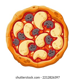 Cute mushroom pizza with scary halloween decoration. Cheesy mozzarella ghosts and skull-mushrooms. Colorful fantasy food illustration in doodle style.