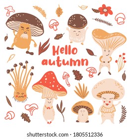 Cute mushroom and plant leaf set, vector. Hello autumn or fall. Cartoon character design on isolated white background