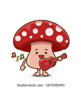 Cute mushroom playing guitar. Vector illustration of chibi character isolated on white background.