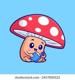 Cute Mushroom Reading Book Cartoon Vector Icon Illustration. Food Education Icon Concept Isolated Premium Vector. Flat Cartoon Style