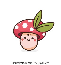 Cute mushroom with red cape and spots. Amanita or fly agaric with green leaves isolated on white background. Vector illustration in cartoon style