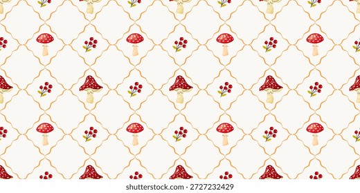 Fundo perfeito de cogumelos bonitos com kawaii fungos e detalhes da floresta. Ideal para tecidos de jardim de infância, decoração de Halloween e embalagens com tema de floresta na moda.