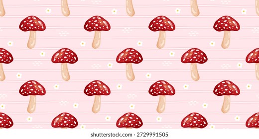 Cute mushroom seamless background featuring kawaii fungi and woodland details. Ideal for nursery textiles, Halloween decor, and trendy forest-themed packaging.