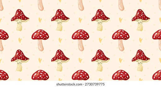 Cute mushroom seamless background featuring kawaii fungi and woodland details. Ideal for nursery textiles, Halloween decor, and trendy forest-themed packaging.
