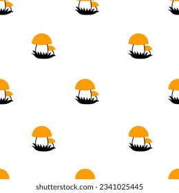 Cute mushroom seamless pattern. Childish seamless background with simple doodle mushrooms in grass. Repeat vector illustration