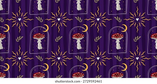Cute mushroom seamless pattern featuring magical woodland mood. Ideal for nursery textiles, Halloween packaging, and trendy forest designs.