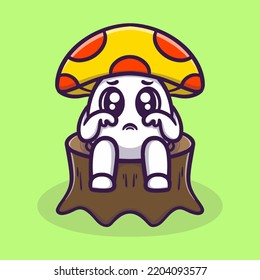 Cute mushroom sits on the tree trunk cartoon vector icon illustration