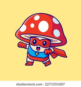 Cute Mushroom Super Hero Cartoon Vector Icon Illustration. Food Holiday Icon Concept Isolated Premium Vector. Flat Cartoon Style