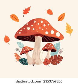 Cute mushroom surrounded by fall leaves