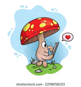 A cute mushroom walking in a forest and dropping a like on his phone.