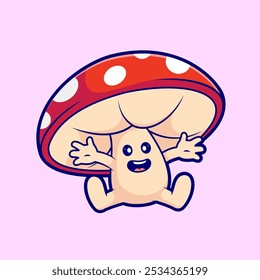 Cute Mushroom Waving Hand Cartoon Vector Icon 
Illustration. Food Nature Icon Concept Isolated Premium 
Vector. Flat Cartoon Style 