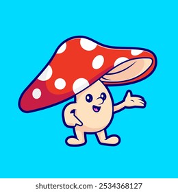 Cute Mushroom Waving Hand Cartoon Vector Icon 
Illustration. Food Nature Icon Concept Isolated Premium 
Vector. Flat Cartoon Style 