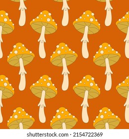 Cute Mushrooms 70s style seamless pattern. Boho retro 1970s