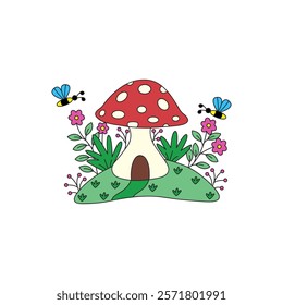 cute mushrooms, bee, nature flat vector clip art 