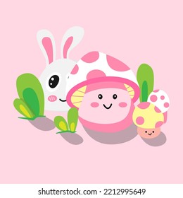cute mushrooms and bunnies. vector art and illustration.