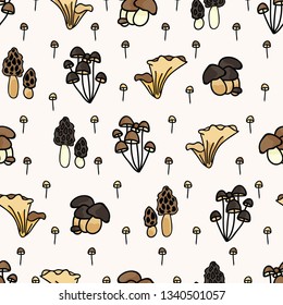 Cute mushrooms cartoon seamless vector pattern background. Hand drawn wild food illustration, Mycology for autumn forest fungi woodland Fashion Prints.