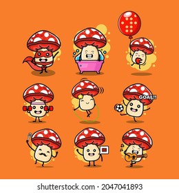 Cute Mushrooms character sets, Cartoon Vector Illustration, Isolated Background.
