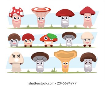 cute mushrooms characters. chanterelles, amanita, champignons, porcini, boletus, cartoon cute funny childish characters mushrooms different emoji. vector cartoon flat characters set of isolated