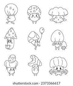Cute mushrooms characters. Coloring Page. Forest wild fungus in cartoon style. Vector drawing. Collection of design elements.