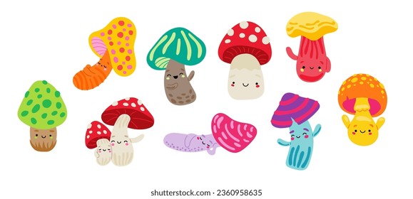 Cute mushrooms characters. Forest wild fungus in cartoon style. Vector drawing. Collection of design elements.