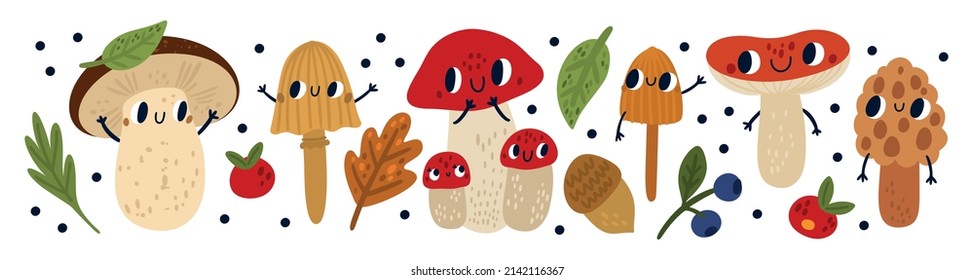 Cute mushrooms characters. Funny anthropomorphic fungi. Cartoon edible and poisonous forest organisms with faces and hands. Autumn leaves and berries. Vector woodland