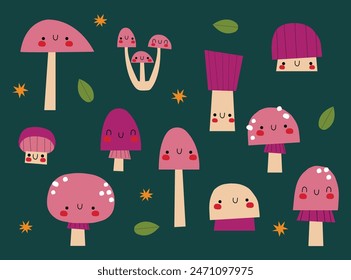 Cute mushrooms characters. Funny anthropomorphic fungi. Cartoon forest organisms with faces . Autumn. 