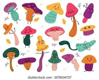 Cute mushrooms characters. Funny cartoon forest fungus, fairytale anthropomorphic natural objects, childish vegetable objects, cute autumn funny collection, vector doodle isolated set