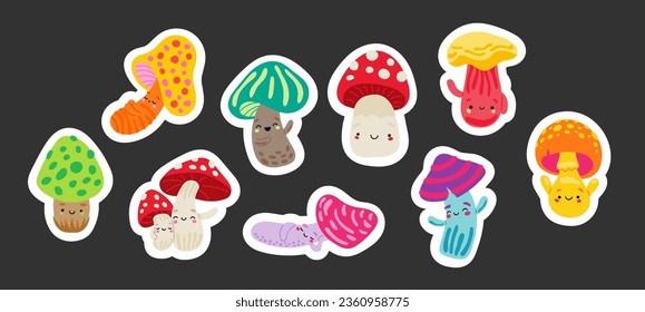 Cute mushrooms characters. Sticker Bookmark. Forest wild fungus in cartoon style. Vector drawing. Collection of design elements.