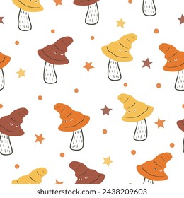 Cute mushrooms with eyes seamless pattern. Funny print