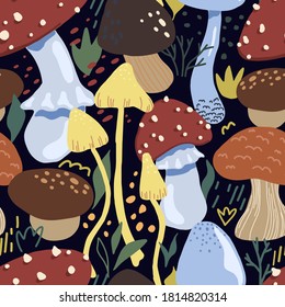 Cute mushrooms flat hand drawn vector seamless pattern. Colorful wallpaper in scandinavian style. Autumn harvest sketches background for original design, print, wrapping, textile, fabric, decor, card.