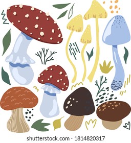 Cute mushrooms flat hand drawn vector illustration. Colorful collection in scandinavian style. Autumn forest harvest simple elements set for design, print, wrapping, decoration, card, sticker, banner.