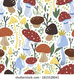 Cute mushrooms flat hand drawn vector seamless pattern. Colorful wallpaper in scandinavian style. Autumn harvest sketches background for original design, print, wrapping, textile, fabric, decor, card.