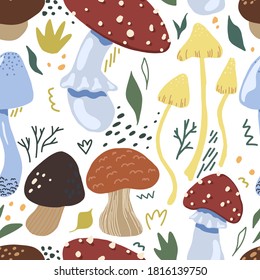 Cute mushrooms flat hand drawn vector seamless pattern. Colorful wallpaper in scandinavian style. Autumn harvest sketches background for original design, print, wrapping, textile, fabric, decor, card.