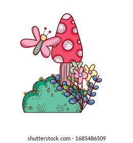 cute mushrooms flowers butterfly branch leaves cartoon vector illustration