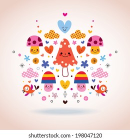 cute mushrooms, flowers, hearts & birds illustration