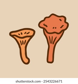 Cute mushrooms isolated on a beige background. Vector hand-drawn doodle illustration. Perfect for decorations, logo, various designs.