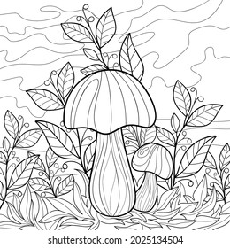 Cute mushrooms with leaves and berries, grass, sky. Summer illustration on a white isolated background. For coloring book pages.