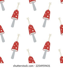 Cute mushrooms. Merry Christmas and Happy New Year! Glass Christmas tree decor. Winter festival seamless pattern.  