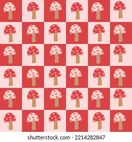 Cute Mushrooms on white and red checkered squares seamless pattern. For wrapping paper , textile and home décor