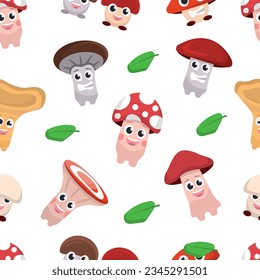 Cute mushrooms pattern. boletus, chanterelles, amanita, champignons, porcini, cartoon cute funny childish characters mushrooms with different emoji. vector cartoon characters seamless pattern.