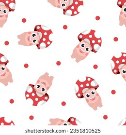 Cute mushrooms pattern. boletus, chanterelles, amanita, champignons, porcini, cartoon cute funny childish characters mushrooms with different emoji. vector cartoon characters seamless pattern.