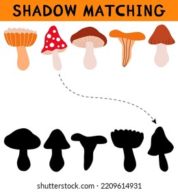 Cute mushrooms shadow matching activity for children. Simple educational game for kids with leaves. Find the correct silhouette printable worksheet.