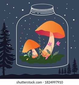 Cute mushrooms in starry night. Vector illustration in flat design.