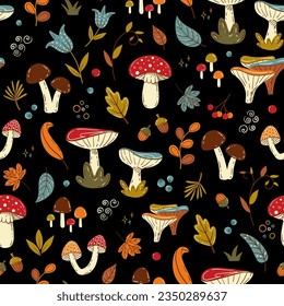 Cute mushrooms vector pattern . Funny autumn seamless print with amanitas and chanterelles on dark forest background. Colorful doodle illustration for girly textile, stationary design