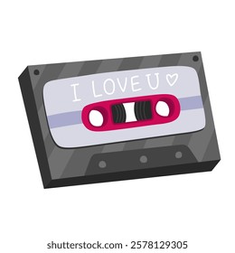 Cute music audio cassette with blue label and inscription "i love you". Illustration for valentine's day card, white background.	