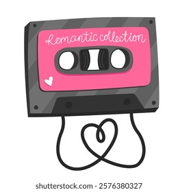 Cute music audio cassette with pink label and inscription "Romantic collection". Illustration for valentine's day card, white background.