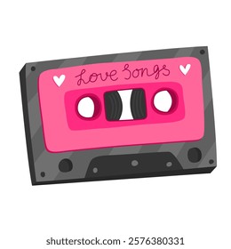 Cute music audio cassette with pink label and inscription "Love songs". Illustration for valentine's day card, white background.