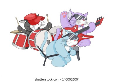 Cute music cats. Vector illustration of funny little characters playing musical instruments, singing, listening to music isolated on white background.