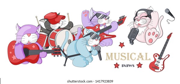 Cute music cats. Vector illustration of funny little characters playing musical instruments, singing, listening to music isolated on white background.